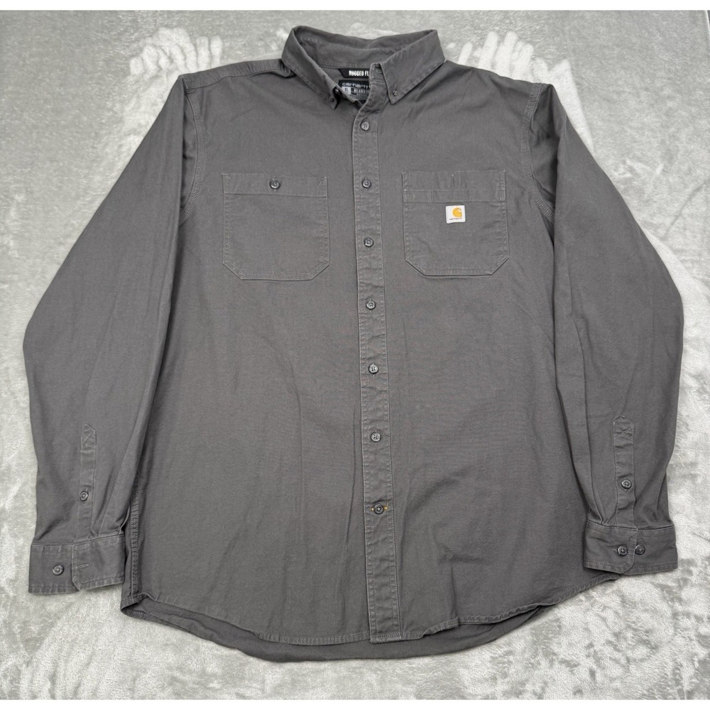 Carhartt Button Down Shirt Mens XL Tall XLT Gray Stretch Cotton Rugged Flex Work
